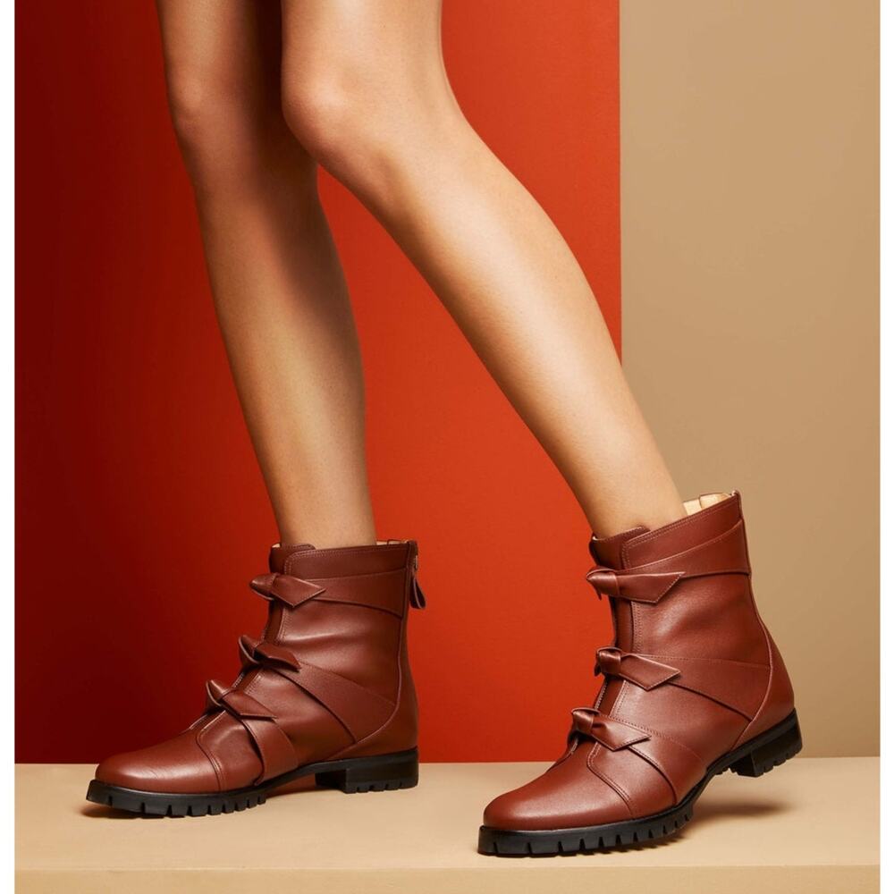 Alexandre Birman Lolita Waterproof Bow Knot Leather Combat Boot Rum Size 7